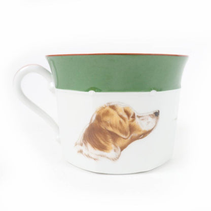 Hermes Pottery Cup And Saucer English Setter Dog Pattern Set Of 2 Green White