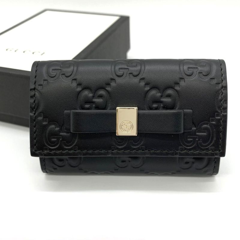 Gucci 388682 Key Case Leather Silver Hardware Ribbon Black Ladies Simple Fashion