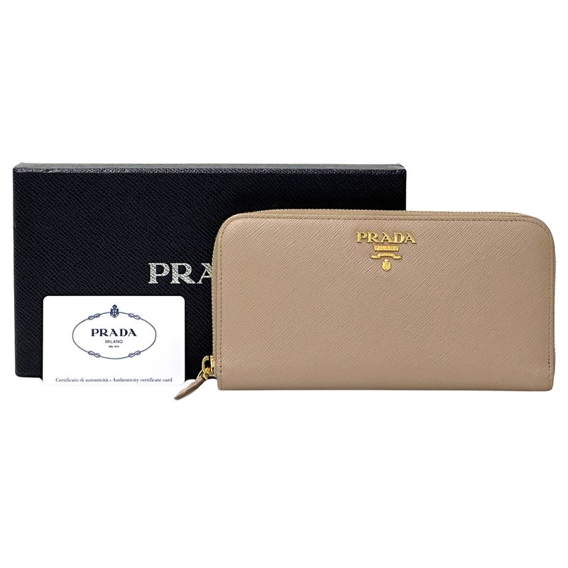 Prada Wallets Women's Branded Long Saffiano Beige 1ml506 Gold Hardware Round