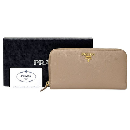 Prada Wallets Women's Branded Long Saffiano Beige 1ml506 Gold Hardware Round