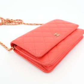 Chanel Chain Wallet Matelasse Lambskin Red Gold Hardware