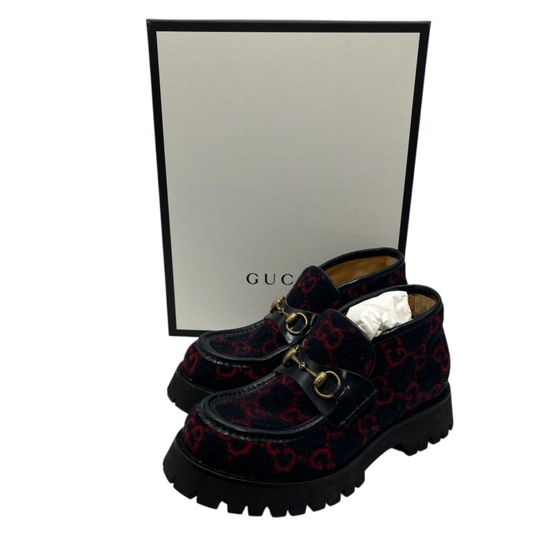 2704 Gucci Boots Wool Horsebit Loafers 6 1 2 598315 Navy Red GG Pattern Thick