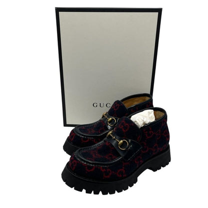 2704 Gucci Boots Wool Horsebit Loafers 6 1 2 598315 Navy Red GG Pattern Thick