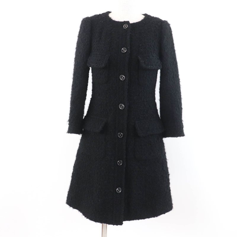 CHANEL P46625v28631 Wool Tweed Coat With Coco Mark Buttons Black 34 Made In