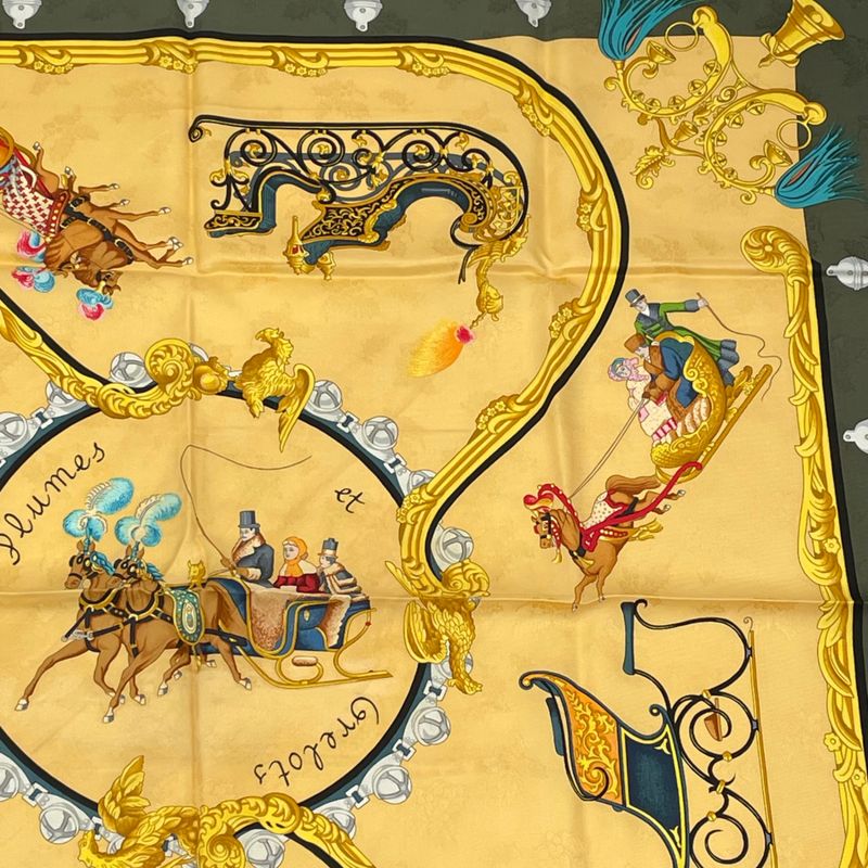 Hermes Carre 90 Plumes Et Grelots Scarf With Feathers And Bells Silk Yellow X