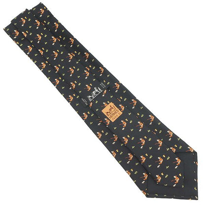 Hermes Necktie Fishing Pattern 9cm (3.54in) Silk Black and Multicolor Black