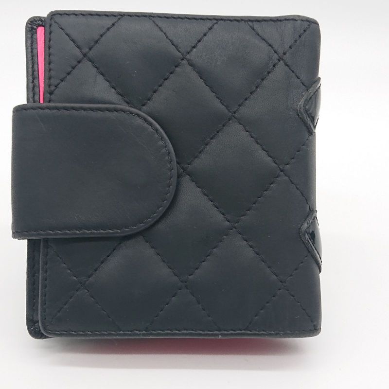 Chanel Cambon Line Folding Wallet With Clasp Black Coco Mark Lambskin Box With