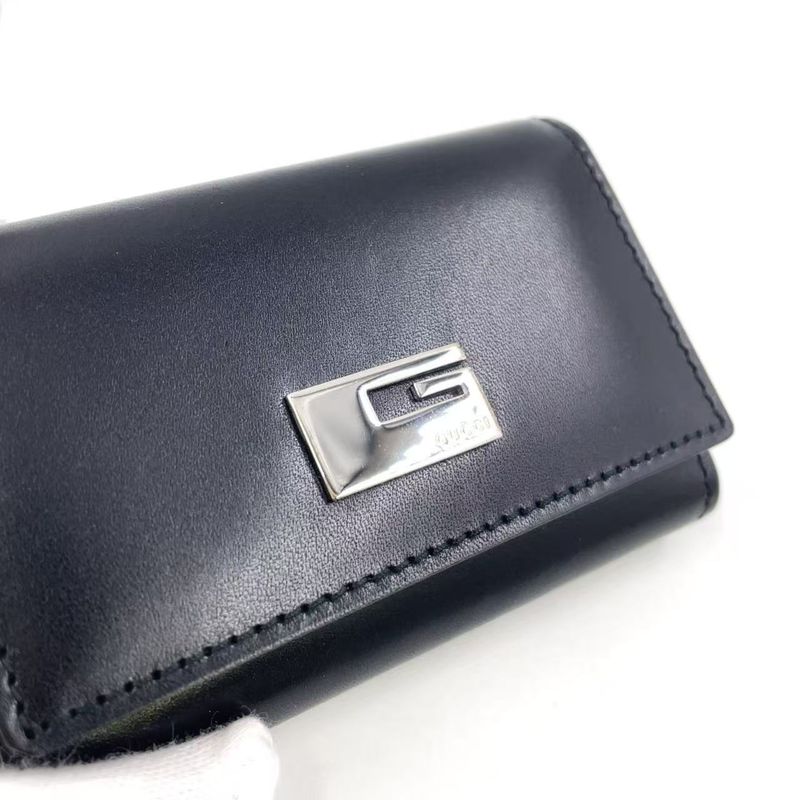 Gucci G Logo Leather Black Key Case Silver 0330416