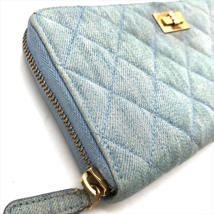 Chanel CC Logo Quilted Denim Zip Around Wallet Blue