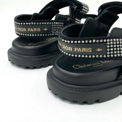 Christian Dior Sandals Shoes Lambskin Black Logo Rhinestone Velcro Strap Sports