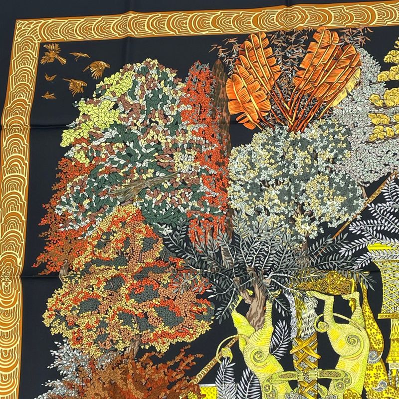 Hermes Carre 90 Les Legendes De L'arbre Wooden Legend Scarf Black