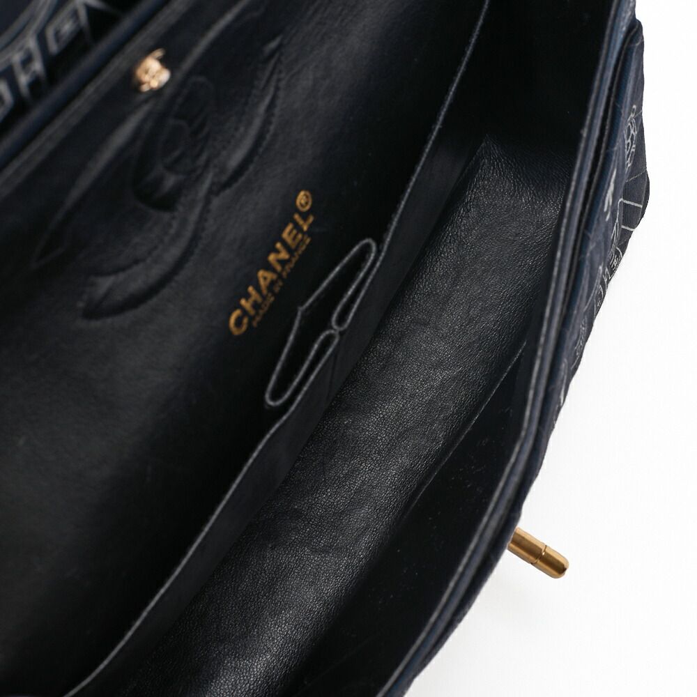 Chanel Matelasse W Flap 25 Icon Print Chain Shoulder Canvas Bicolor Black With