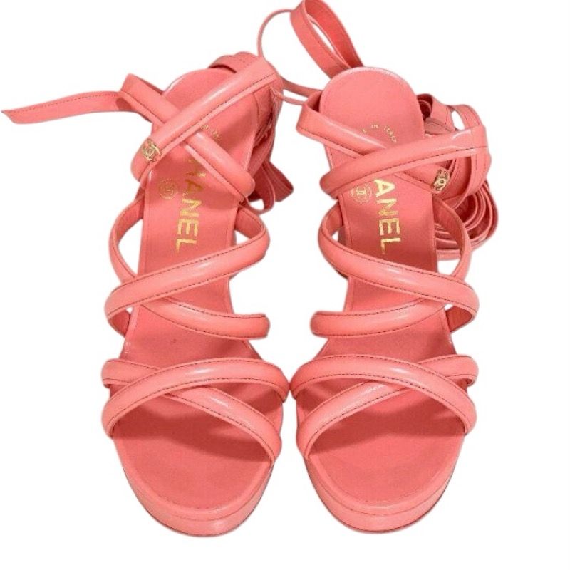 Chanel Sandals Shoes Leather Pink Gold Strap