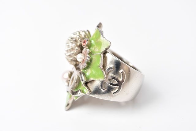 Chanel Ring Coco Mark Pearl Leaf Motif Silver Size 14