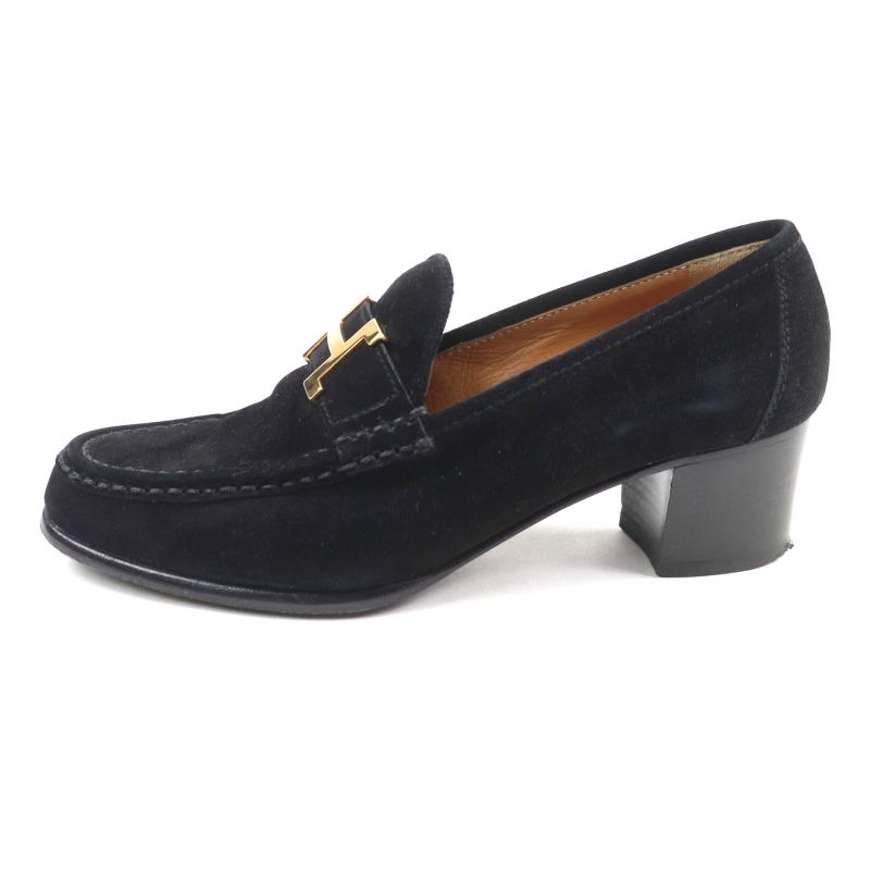 Hermes Gold Hardware With H Logo Hardware Chunky Heel Suede Leather Loafers