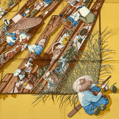 Hermes Scarf Carre 90 Orange Beige Lake Floating Market 100% Silk Marche