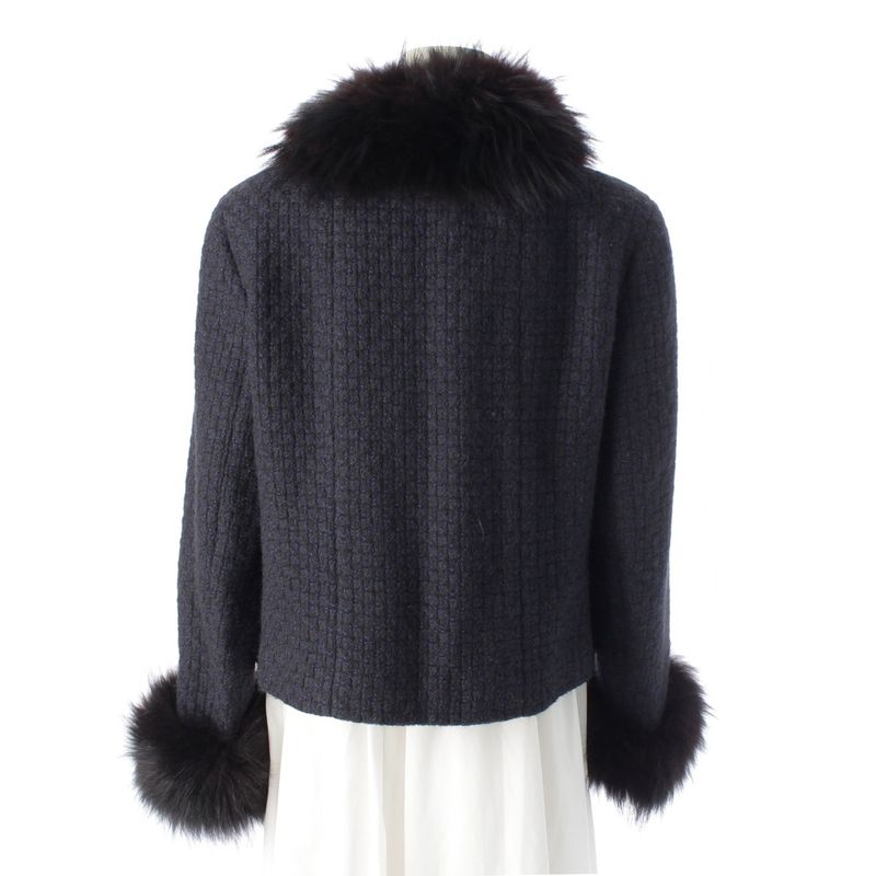 Chanel 00A Wool Nylon Fox Fur Collarless Jacket Outerwear P16217 Navy 44