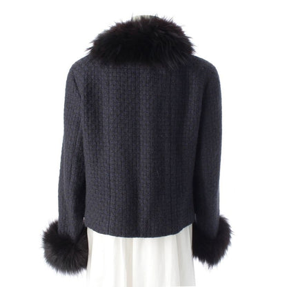 Chanel 00A Wool Nylon Fox Fur Collarless Jacket Outerwear P16217 Navy 44