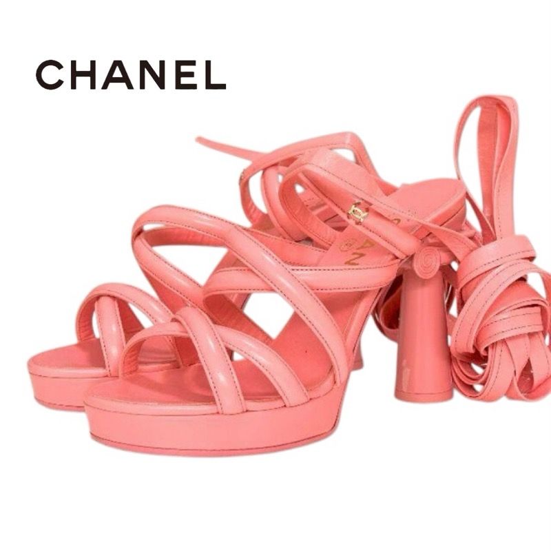 Chanel Sandals Shoes Leather Pink Gold Strap