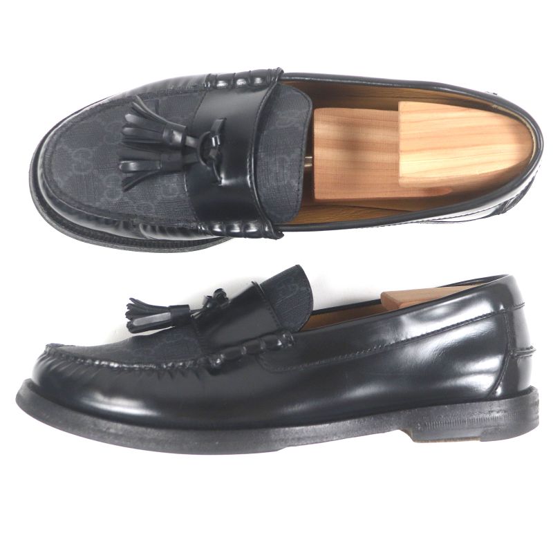 Gucci 673817 Leather GG Supreme Tassel Loafer Moccasin Flat Shoes Black 6
