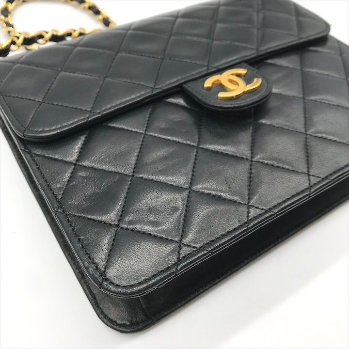 Chanel Quilted CC Logo Push Lock Lamb Leather Chain Shoulder Bag Black Purse