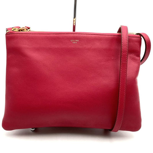 Celine Trio Shoulder Bag 0154 Crossbody Shoulder Dark Pink Red Leather Women's
