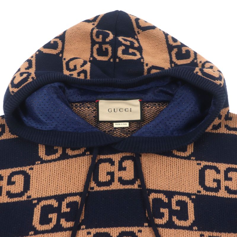  Gucci 752097 GG Cotton Jacquard Knit Pullover Hoodie Brown Navy M Made In