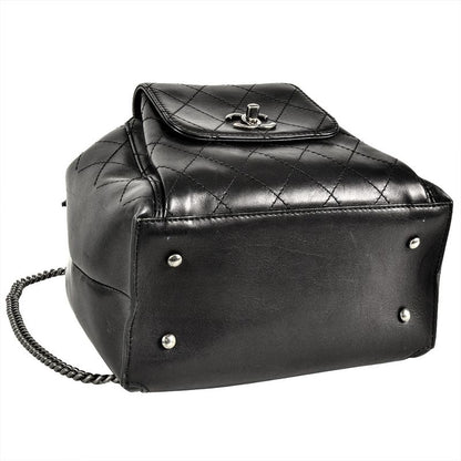 Chanel Matelasse Backpack Black Silver Hardware Drawstring Coco Mark