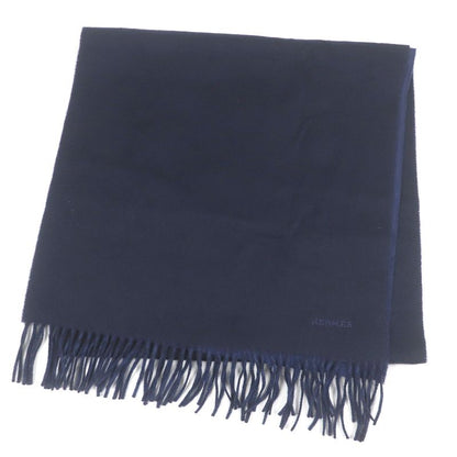 Hermes 100% Cashmere Logo Embroidery Embroidered Fringe Scarf Shawl Navy With