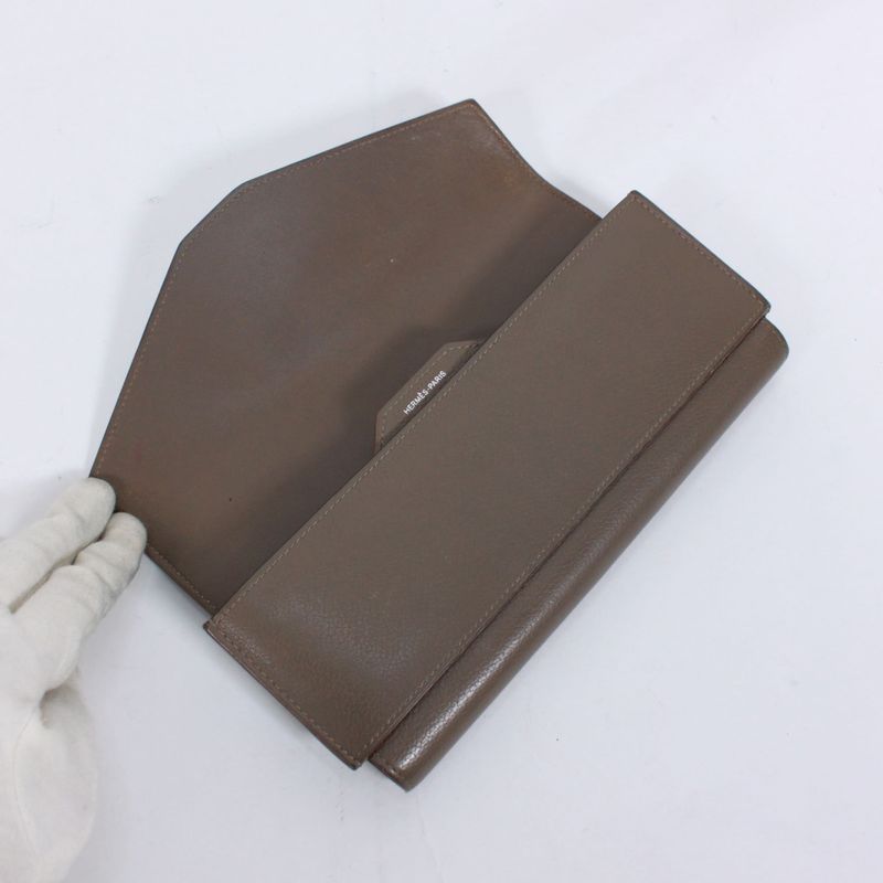 Hermes Passant Long Origan Leather Brown Wallet Silver