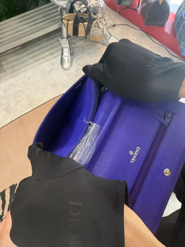 Chanel Chain Wallet Shoulder Bag Women Leather Blue