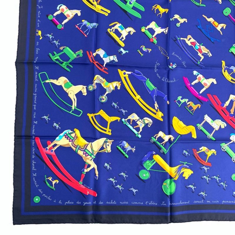 Hermes Carre 90 Raconte Moi Le Cheval Talking About Horses Navy Scarf 100% Silk