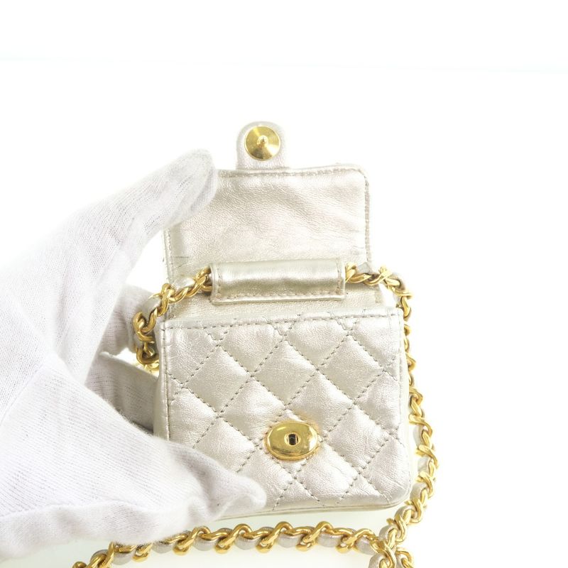 Chanel Chain Pochette Micro Matelasse Calf Silver Ladies Shoulder Bag