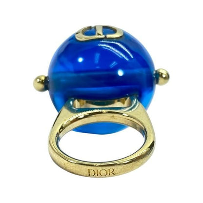 Christian DIOR Ring Accessories Jewelry Small Tribal Ball Logo GP Gold Blue (M