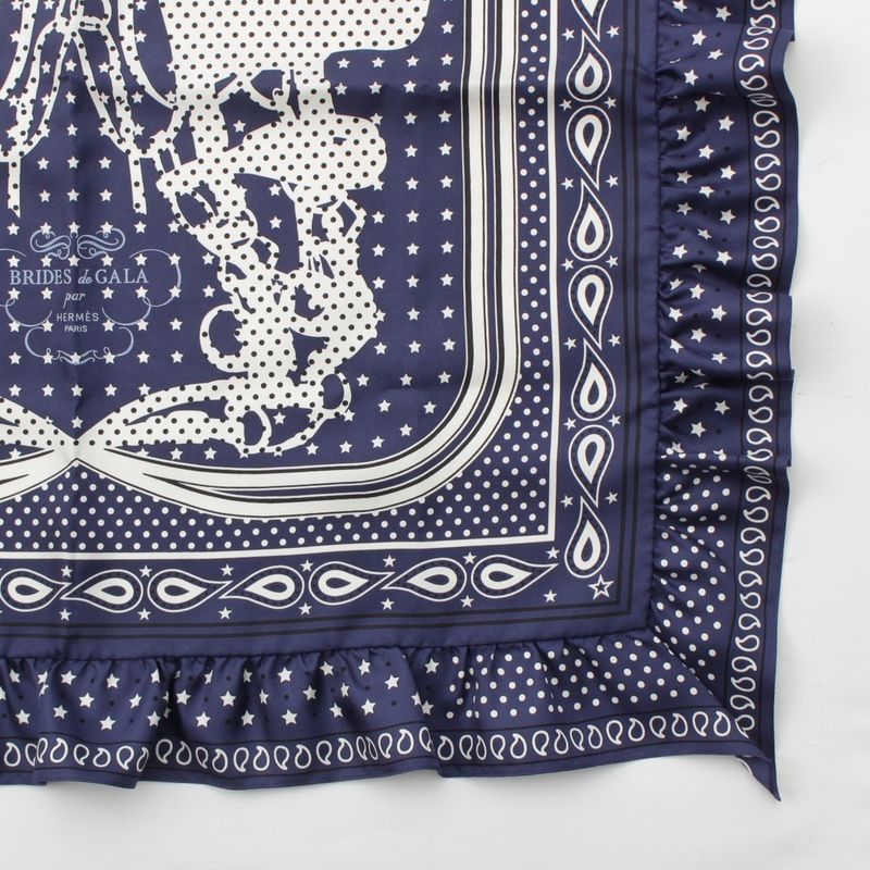 Hermes Carre 65 Brides De GALA Ceremonial Horse Maitre D'oeil Ruffled Scarf Navy