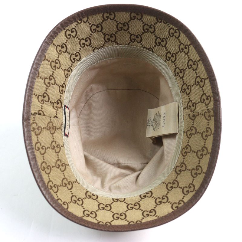 Gucci 576587 GG Canvas Fedora Hat GG Marmont Leather Trim Bucket Hat Beige