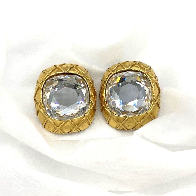 Chanel Large Earring Matelasse Clear Stone Gold Accessories Women's Fashion