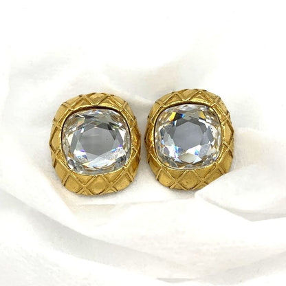 Chanel Large Earring Matelasse Clear Stone Gold Accessories Women's Fashion