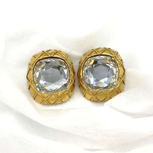 Chanel Large Earring Matelasse Clear Stone Gold Accessories Women's Fashion