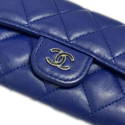 Chanel Card Case Business Holder Quilted CC Logo Lambskin Blue Silver