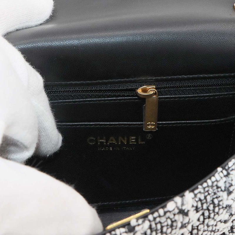 Exhibited Chanel Pearl Chain 2way Hand Shoulder Bag Tweed Lambskin White Black