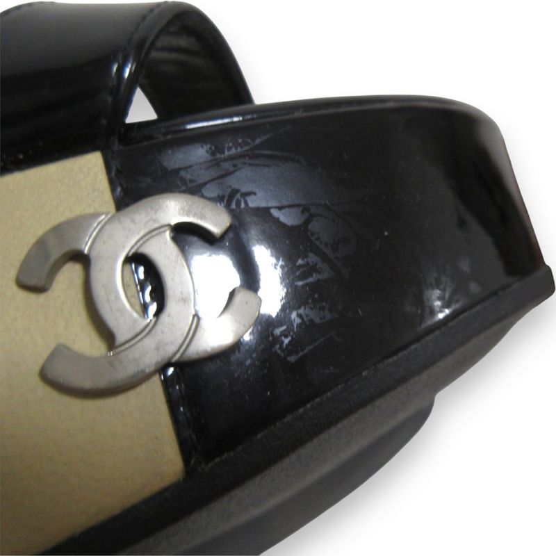 Chanel Patent Leather Platform Ribbon Ankle Strap Heeled Sandals 37.5 Approx