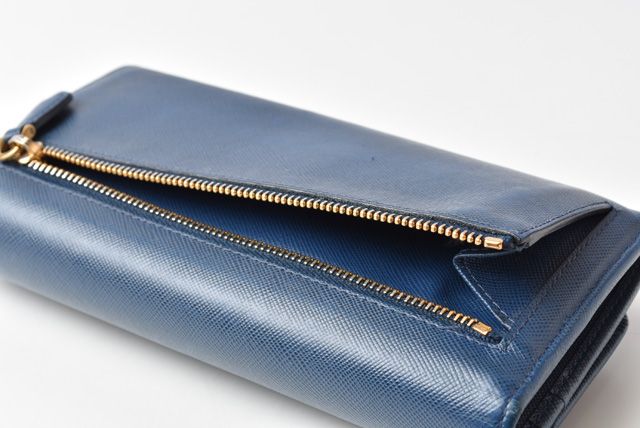 Prada Long Wallet With Pass Case 1mh132 Blue Saffiano Shape Pressed Leather
