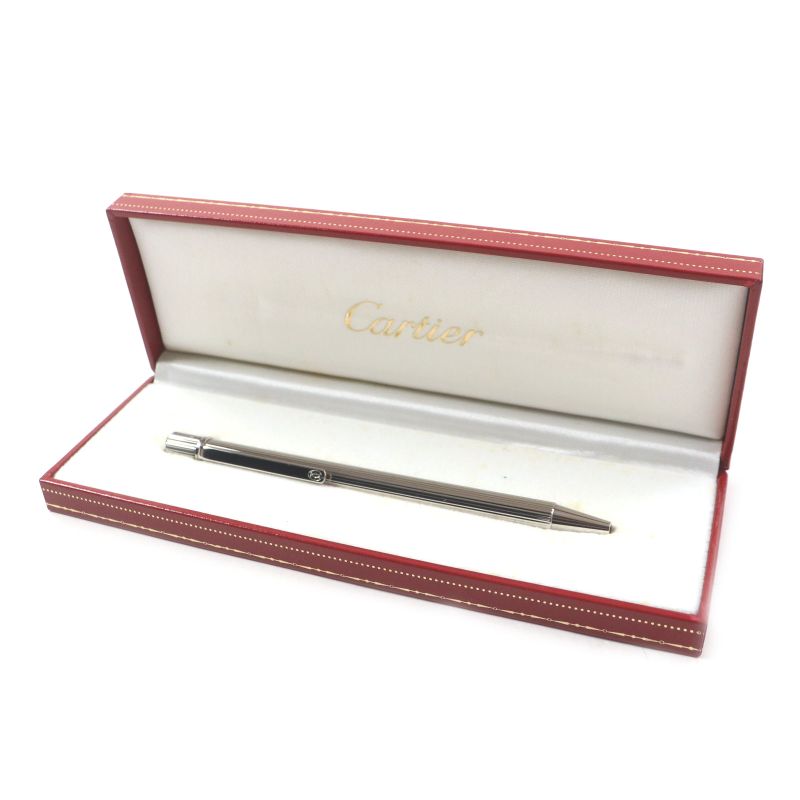 Cartier Must De Cartier Ballpoint Pen With Striped Logo Metal Silver With Case