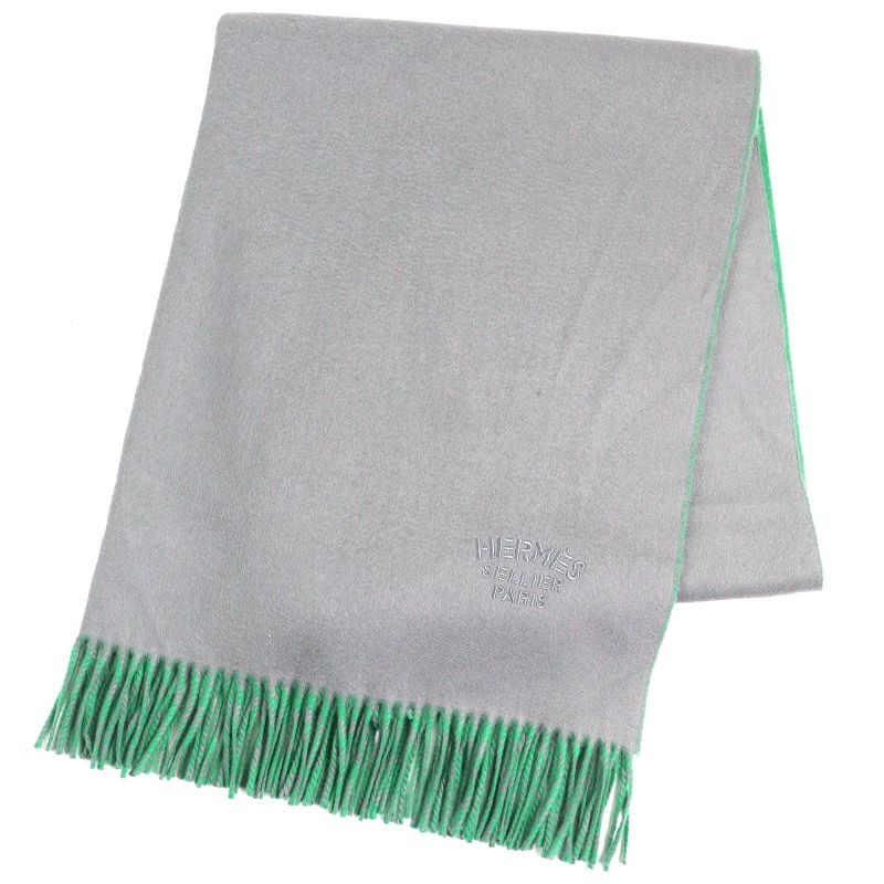 Hermes 100% Cashmere Logo Embroidery Bicolor Fringed Large Shawl Scarf Gray