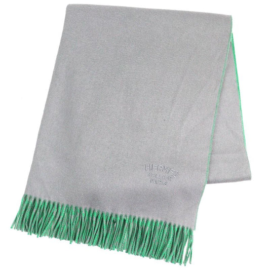 Hermes 100% Cashmere Logo Embroidery Bicolor Fringed Large Shawl Scarf Gray