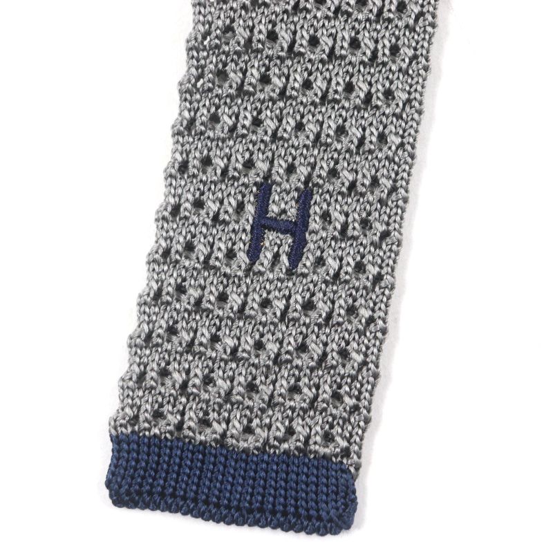 Hermes Cravate Tricot DE SOIE 100% Silk Etoupe/marine H Logo Embroidery Knit