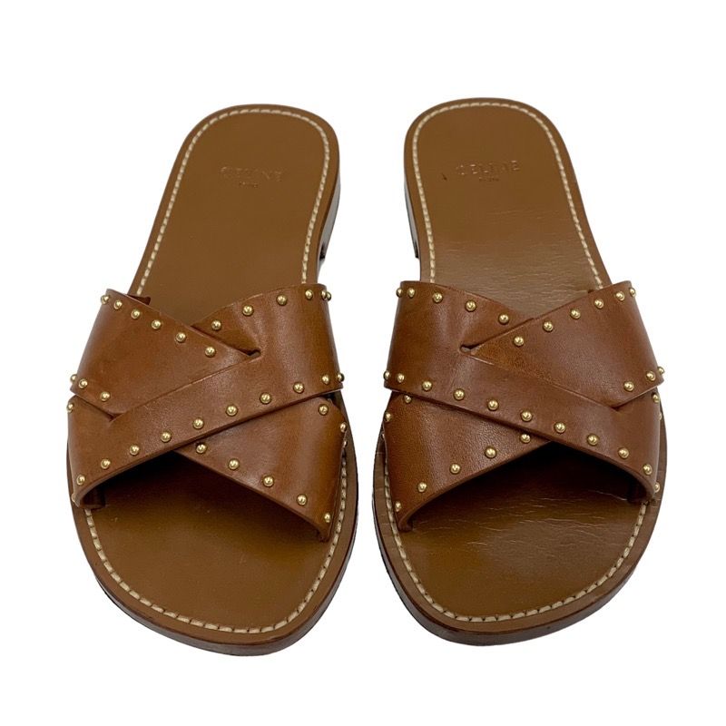 Celine Sandals Shoes Leather Brown Gold Flat Sandals Mules Studs