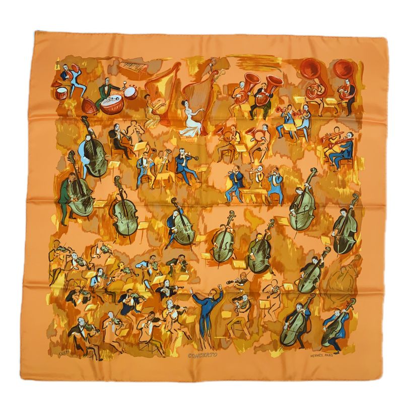 Hermes Carre 90 Concerto Orange 100% Silk Scarf