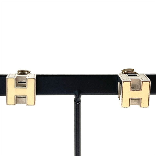 Hermes Caje Doache H Cube Earrings Metal Silver And White Unisex